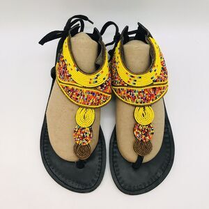 African Maasai Handcrafted Beaded Sandals Women's 9 Black Genuine Leather Kenya